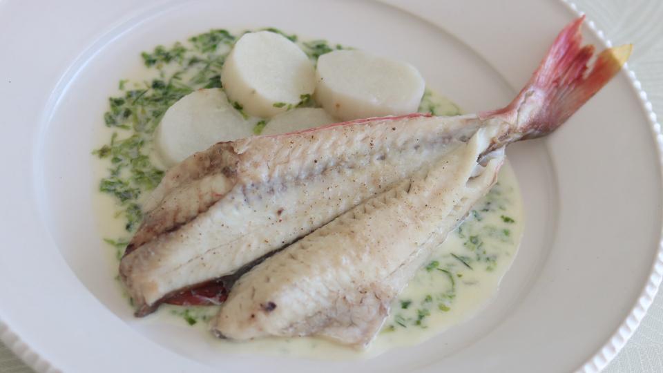 ほうぼうと長芋のヴァポーレ　あおさのクリームソース